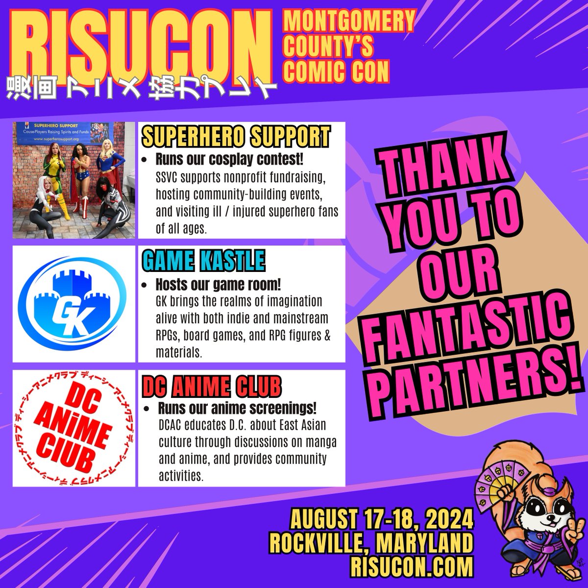 RisuConMCCCC's tweet photo. #RisuCon is delighted to #partner with #Superhero Support Volunteer #Causeplayers, @Game_Kastle_CP (@GameKastle) and @DCAnimeClub! 

Click here to get your tickets today! https://t.co/JTCmwiTWBJ

You won't want to miss our #cosplaycontest, #gameroom, and #animescreenings. https://t.co/p58zCzQB8c