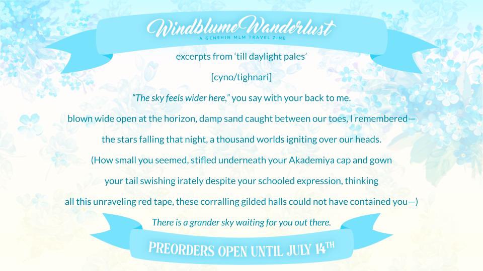 preview for my piece in <a href="/teyvat_travelog/">Teyvat Travelogue 🧭 Completed!</a> 

i wrote a little poem for the dogs during windblume💨 preorders are open until july 14!