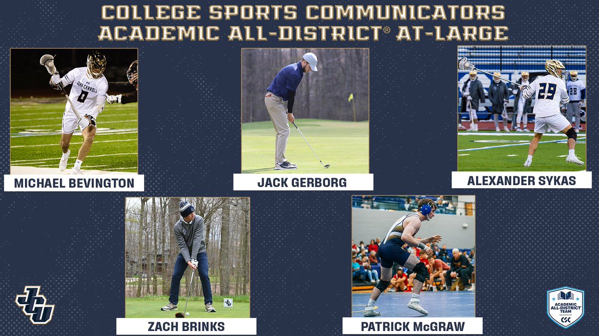 NEWS: JCU notches 5 on CSC Academic All-District® Men's At-Large Team!

⚡️Michael Bevington &amp; Alexander Sykas, <a href="/JCUmlax/">JCU Men's Lacrosse</a> 
⚡️Zach Brinks &amp; Jack Gerborg, <a href="/JCUMGolf/">JCU Men's Golf</a> 
⚡️Patrick McGraw, <a href="/JCUwrestling/">John Carroll Wrestling</a> 

Full story: 
jcusports.com/news/2024/6/25…