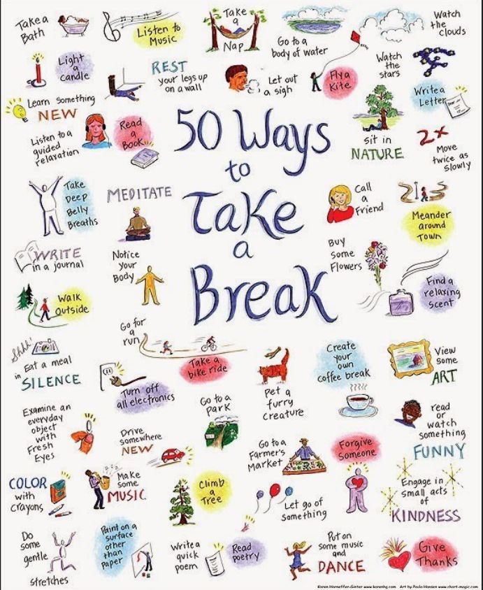 We had a fantastic session today. Lots of really valuable time to share and some useful discussions on wellbeing activities. Creating time for you is as important as eating and drinking. Here are some ideas to get you started. What does your break look like today?