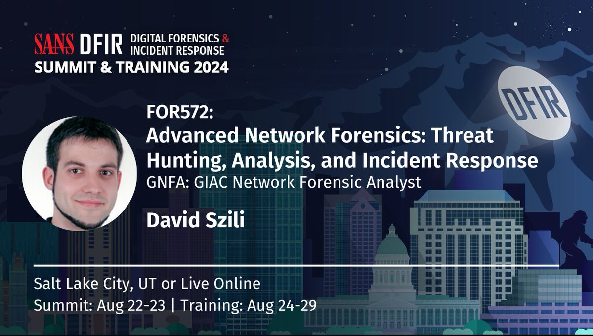 .#FOR572 teaches how to integrate network evidence into investigations of intrusions, data theft, and misuse, using tools and technology to enhance findings and speed up the process.
Take it with <a href="/DavidSzili/">David Szili 🆗</a> at the #DFIRSummit
Register here: sans.org/u/1x6R
#DFIR