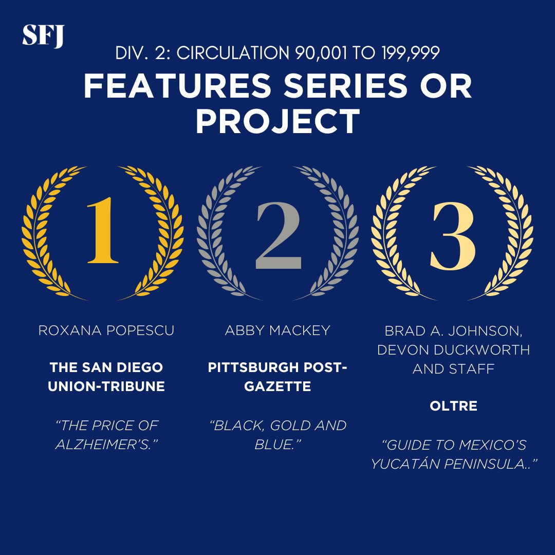 SFJ (@wearesfj) on Twitter photo Feature Series or Project: Feature treatment of any lifestyle, A&E or news topic that has multiple parts
First place: <a href="/roxanapopescu/">Roxana Popescu</a>
Second place: <a href="/AnthroAbbyRN/">Abby Mackey</a>
Third place: <a href="/bradajohnson/">Brad A Johnson</a> & Staff at OLTRE
Honorable mention: <a href="/chuck_blount/">Chuck Blount</a>, @pjbites & <a href="/fedmanwalking/">Mike Sutter</a> Feature Series or Project: Feature treatment of any lifestyle, A&E or news topic that has multiple parts
First place: <a href="/roxanapopescu/">Roxana Popescu</a>
Second place: <a href="/AnthroAbbyRN/">Abby Mackey</a>
Third place: <a href="/bradajohnson/">Brad A Johnson</a> & Staff at OLTRE
Honorable mention: <a href="/chuck_blount/">Chuck Blount</a>, @pjbites & <a href="/fedmanwalking/">Mike Sutter</a>