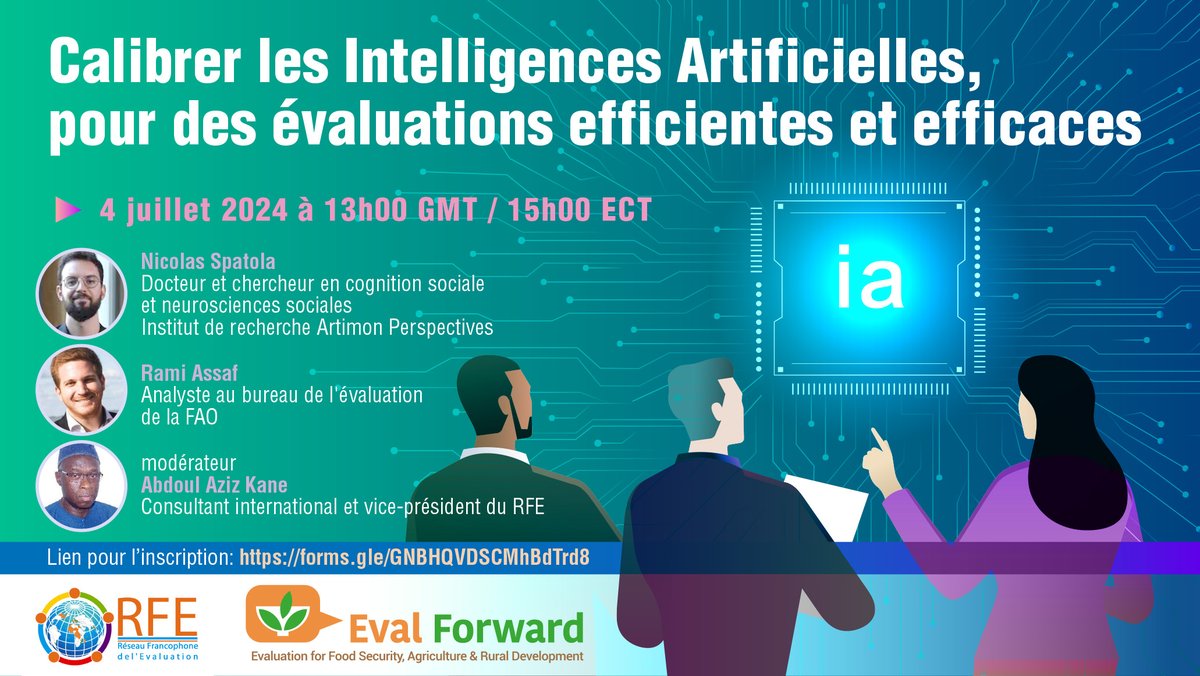 Evaluateurs francophones : 
Rejoignez-nous pour un webinaire sur les intelligences artificielles ! 🤖✨

📅 4 juillet 2024 ⏰ 13:00 GMT
📍 Inscription: bit.ly/4cdEfpu

En collaboration avec le Réseau Francophone de l'Évaluation 
#IntelligenceArtificielle  #Evaluation
