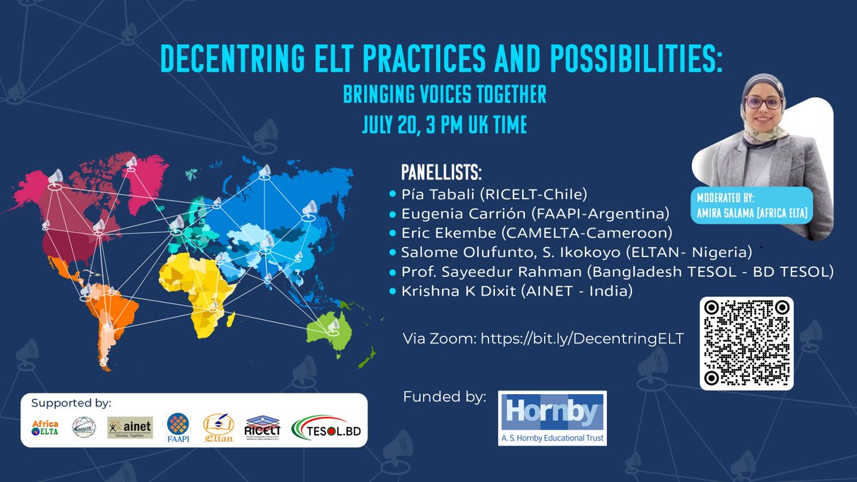 Global webinar: 
Decentring ELT Practices and Possibilities: Bringing Voices Together
July 20, 3 pm UK time
Panellists from: Chile, Argentina, Cameroon, Nigeria, Bangladesh and India.
Moderated by Amira Salama (Egypt)
Webinar Zoom link: http:/bit.ly/DecentringELT