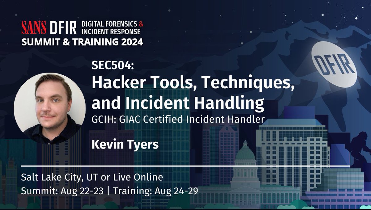 sansforensics's tweet photo. .#SEC504 teaches essential incident response skills, focusing on dynamic processes to address evolving cyber threats and develop threat intelligence for defending cloud and on-premises platforms.
Take it with Kevin Tyres at the #DFIRSummit 
Register here: https://t.co/0UrTdPzowY https://t.co/JUUCqwpBtt