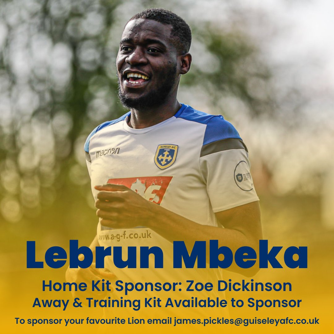 👏 | Thank you to <a href="/zoe_dicko/">zoe dickinson</a> for her sponsorship of <a href="/lebrun_mbeka27/">LEBRUN_Ⓜ️BEK🅰️27</a>'s home kit this season!

If you'd like to sponsor his away or training kits or another Lion please email James or fill in our form here: guiseleyafc.co.uk/2024-25-player… 

#GAFC #GuiseleyTogether