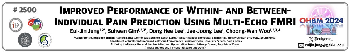 #OHBM2024 🧠
Check out my poster #2500 (Wed/Thur) on how multi-echo improves the pain prediction model!
Working with <a href="/SuhwanGim/">Suhwan Gim (@suhwangim.bsky.social)</a>, <a href="/dong_hee_lee/">Dong Hee Lee</a>, <a href="/_LeeJaeJoong_/">Jae-Joong Lee</a>  and <a href="/choongwanwoo/">Choong-Wan (Wani) Woo</a>