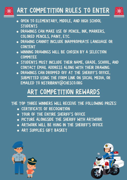 CCSOPA's tweet photo. 🎨Students, showcase your artistic skills this summer! Enter our art competition themed "Law Enforcement in the Community". Top 3 winners get exciting rewards like a certificate, a tour of the Sheriff's Office, and more!

Details and rules are below: https://t.co/nViTz3g9pI