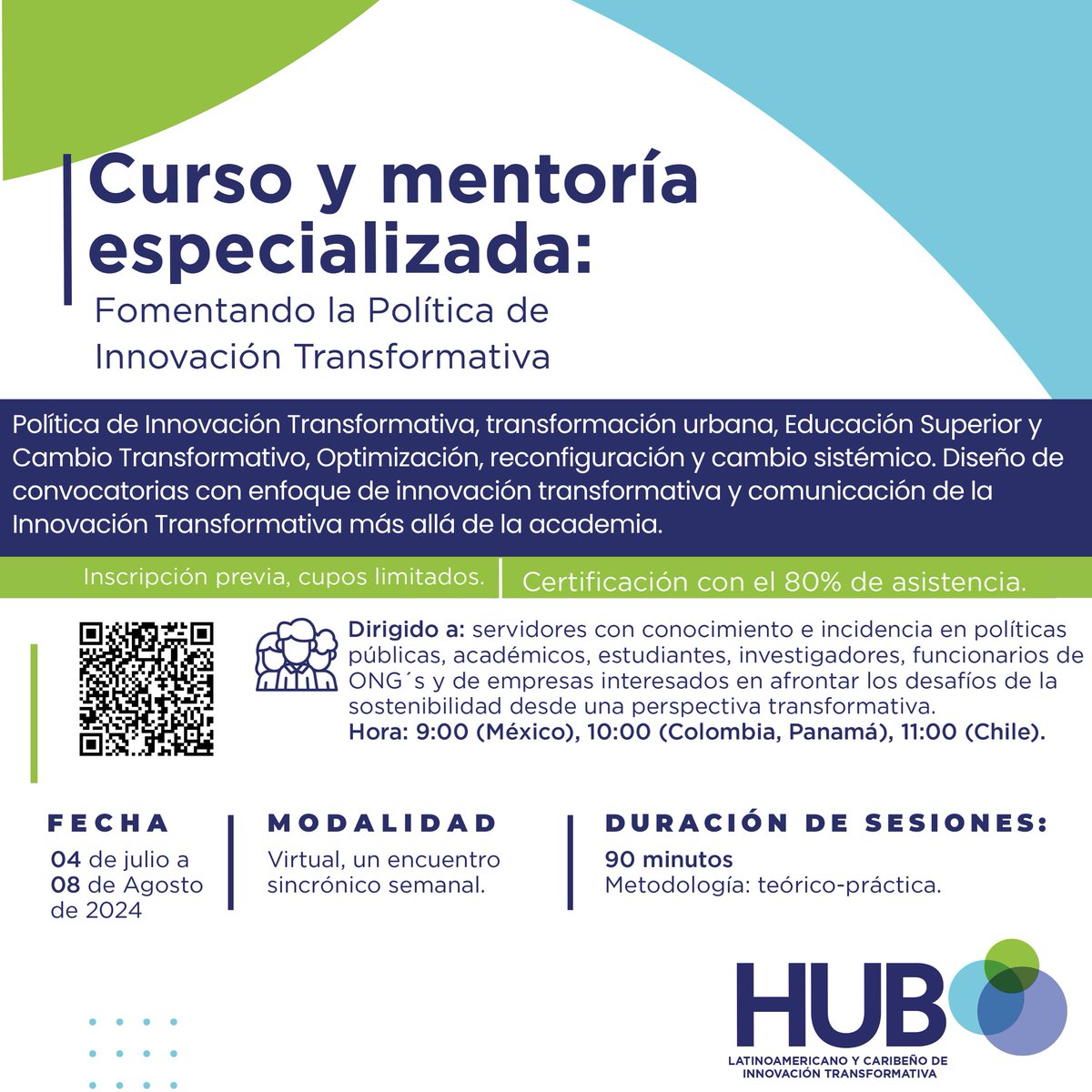 Desde el Hub Latinoamericano ¡Les invitamos a participar en el curso Fomentando la Política de #InnovaciónTransformativa!
 Nuestra #ComunidadPráctica esta conformada por: <a href="/cta_co/">CTA</a>, <a href="/INCancerologia/">Instituto Nacional de Cancerología</a>, Wyss Academy for Nature,  y SENACYT #Panamá 
🌏Informes: bit.ly/3VwpRkY
