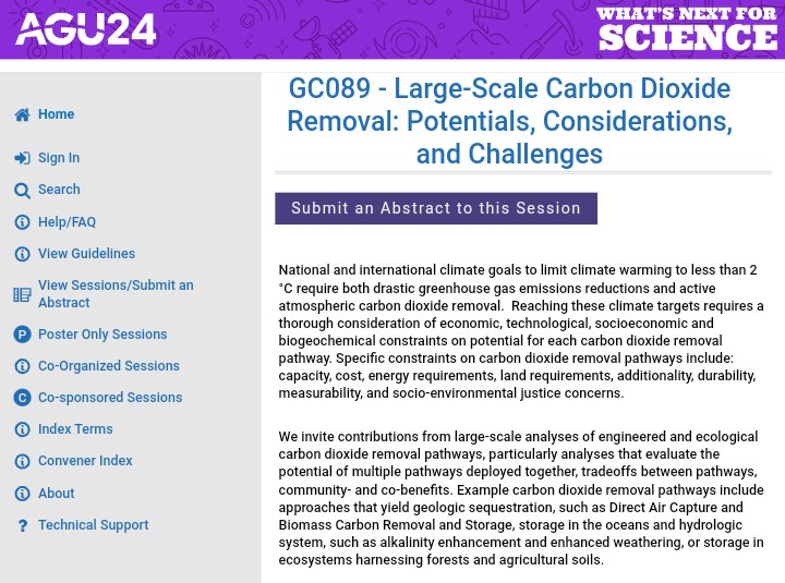 Geoengineering Info (@geoengineering1) on Twitter photo GC089 - Large-Scale Carbon Dioxide Removal: Potentials, Considerations, and Challenges
agu.confex.com/agu/agu24/prel…
Conveners: Dawson Fairbanks, <a href="/colinaverill/">Colin Averill</a>, <a href="/Jeffinerca/">Dr. Jennifer Pett-Ridge</a>, <a href="/allegra_mayer/">Allegra Mayer</a>
2/21 GC089 - Large-Scale Carbon Dioxide Removal: Potentials, Considerations, and Challenges
agu.confex.com/agu/agu24/prel…
Conveners: Dawson Fairbanks, <a href="/colinaverill/">Colin Averill</a>, <a href="/Jeffinerca/">Dr. Jennifer Pett-Ridge</a>, <a href="/allegra_mayer/">Allegra Mayer</a>
2/21