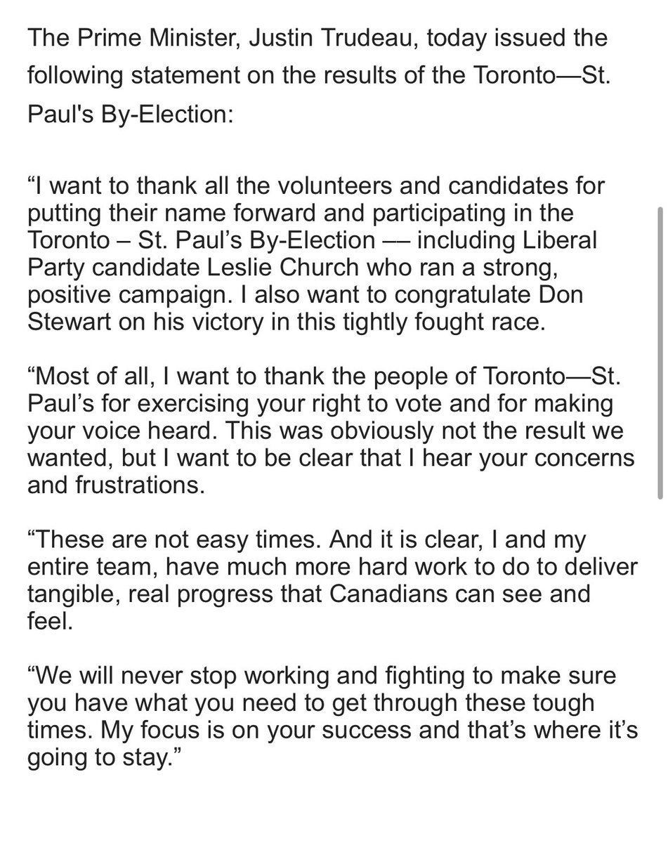 NEW: Prime Minister releases statement on byelection.
“These are not easy times. And it is clear, I and my entire team, have much more hard work to do to deliver tangible, real progress that Canadians can see and feel.” #cdnpoli