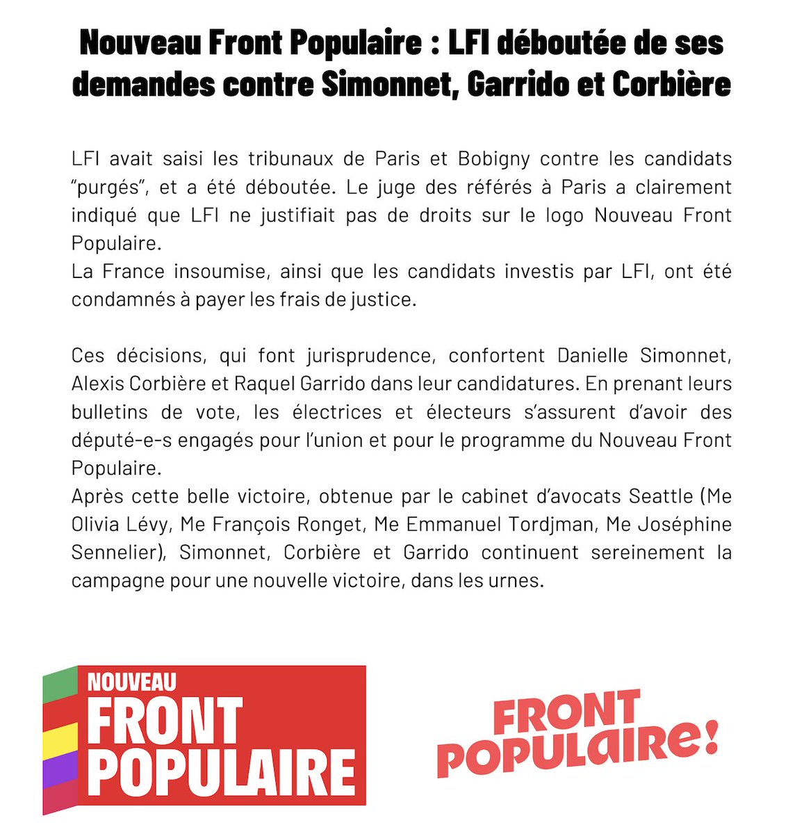 Victoire !!

🚨Nouveau Front Populaire : LFI déboutée de ses demandes contre <a href="/SimonnetDeputee/">Danielle Simonnet</a>, <a href="/RaquelGarridoFr/">Raquel Garrido</a> et <a href="/alexiscorbiere/">Alexis Corbière</a>.