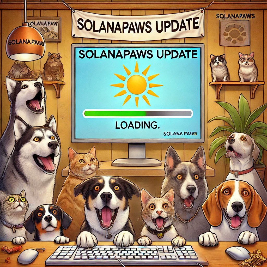 🐾 Excitement is in the air! Our furry friends can't wait for the #SolanaPaws update. 🐶😺 Stay tuned and join the fun! 🚀 #CryptoMeme #PetLovers #CryptoCommunity #Solana #Dogs #Cats #Blockchain