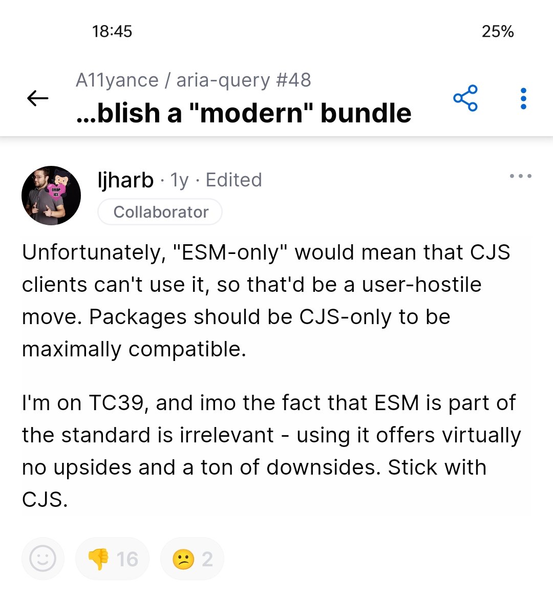 "packages should be CJS-only".

Don't mind me. I'm just collecting best practices.