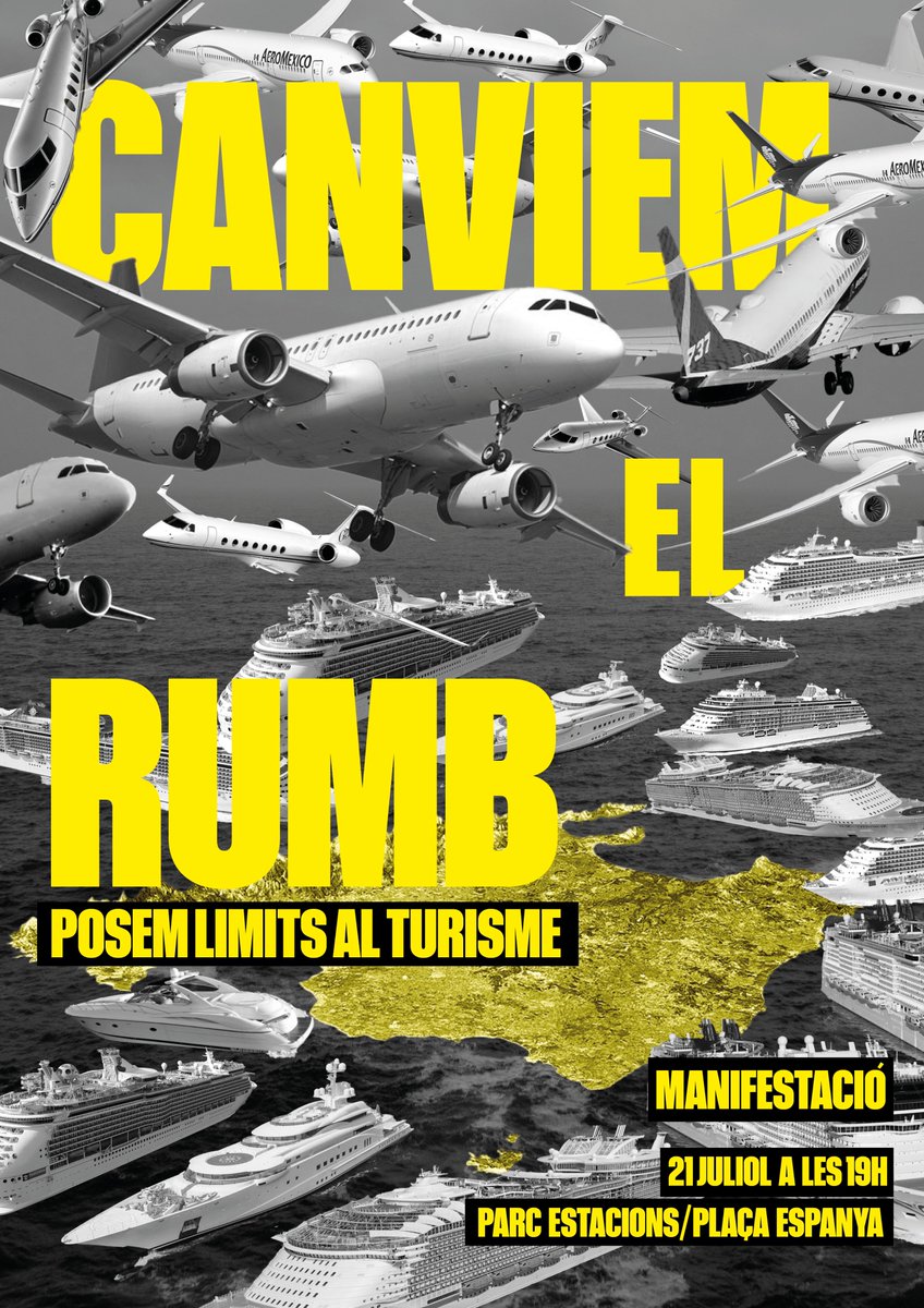 ‼️ Dia 21 de juliol #CanviemElRumb ‼️

És moment de sortir als carrers, organitzar-nos i alçar la veu per exigir un canvi de model turístic i econòmic. Per exigir que es respectin els drets de totes, que es respecti la nostra illa. 

#MenysTurismeMésVida #PosemLímitsAlTurisme