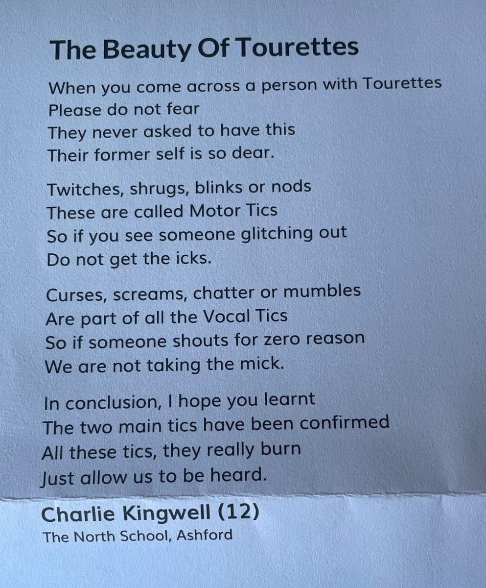 tourettesaction's tweet photo. We are delighted to share that Charlie's lovely poem about the Beauty of Tourette Syndrome has been featured in 'Through Their Eyes' by Young Minds.
Charlie's words beautifully capture the unique perspective and strength of those living with #TouretteSyndrome https://t.co/rkbC7OSFXN