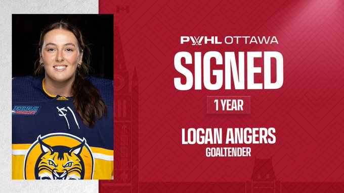 Signing graphic for PWHL Ottawa. 

Logan Angers, Goaltender, 1 year contract. 