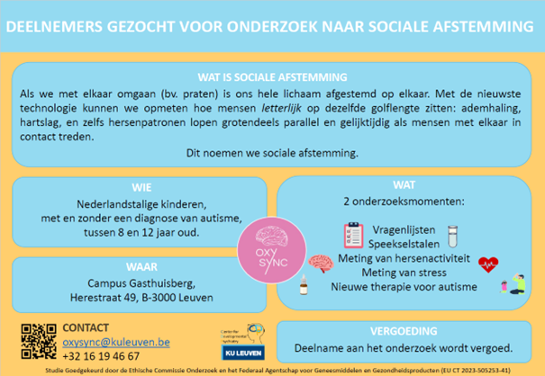 Center for Developmental Psychiatry (@cdp_kuleuven) on Twitter photo β¨ DEELNEMERS GEZOCHT VOOR KU LEUVEN ONDERZOEKβ¨
π§© Wie? Kinderen van 8-12 jaar, met of zonder een diagnose van autisme.
π‘ Waarom? Help ons inzicht te krijgen in sociale afstemming en ontvang β¬10 per uur!
π© Interesse? Neem contact met ons op via oxysync@kuleuven.be. β¨ DEELNEMERS GEZOCHT VOOR KU LEUVEN ONDERZOEKβ¨
π§© Wie? Kinderen van 8-12 jaar, met of zonder een diagnose van autisme.
π‘ Waarom? Help ons inzicht te krijgen in sociale afstemming en ontvang β¬10 per uur!
π© Interesse? Neem contact met ons op via oxysync@kuleuven.be.