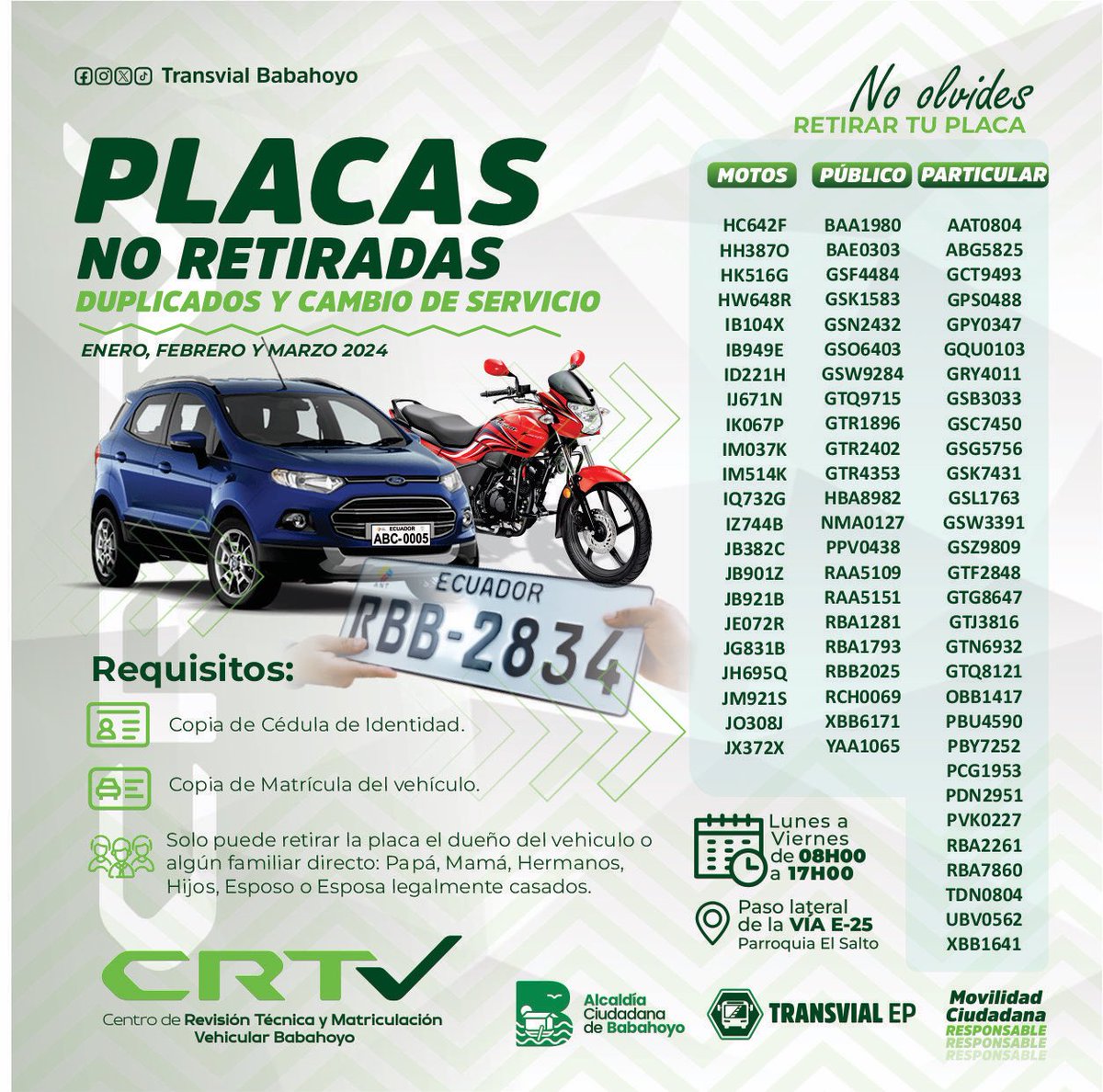 Recuerda retirar tu placa 🚘🏍️ en nuestro Centro de Revisión Técnica y Matriculación Vehicular #Babahoyo. 

#MovilidadCiudadanaResponsable 
#TransvialEp 🤝