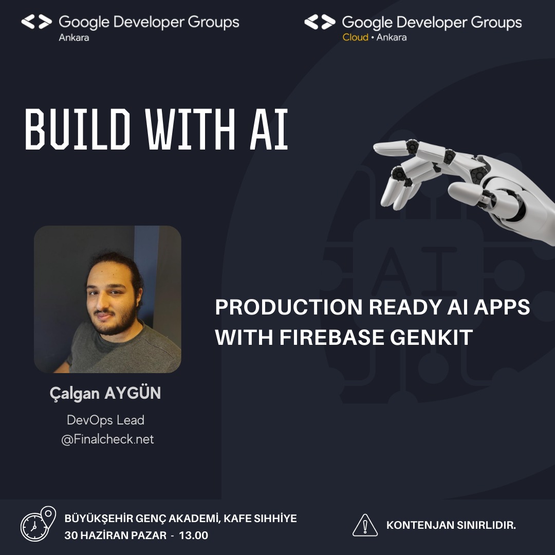 30 Haziran'da Build with AI etkinliği ile geliyoruz! İki oturumlu etkinlikte Çalgan Aygün <a href="/calganaygun/">Çalgan</a> "Production Ready AI Apps with Firebase Genkit" oturumuyla sizlerle olacak! 🤩  Yerinizi ayırtmak için kayıt olmayı unutmayın 🤍 kommunity.com/gdg-cloud-anka…