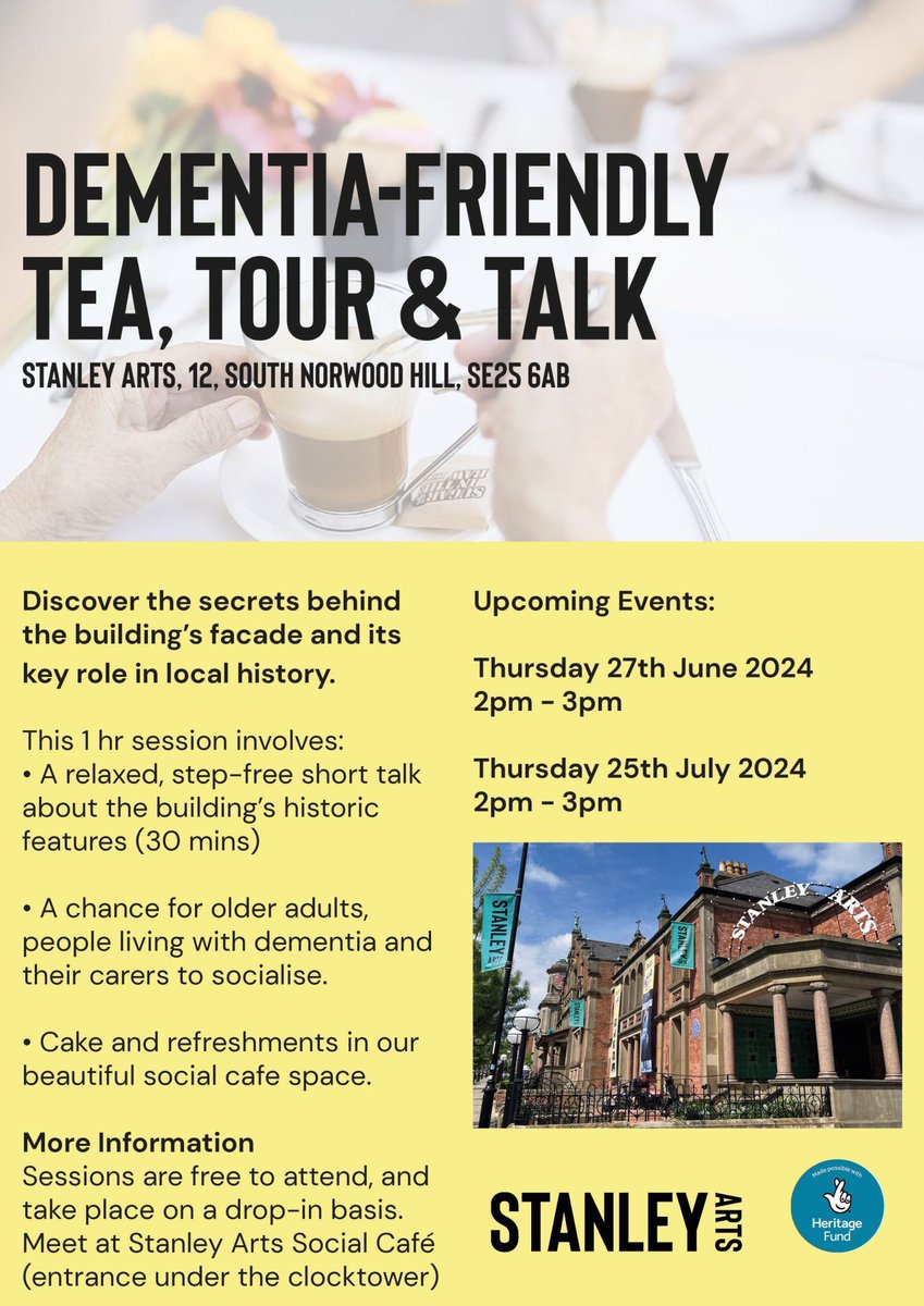 For anyone living with dementia or memory loss in Croydon area (&amp; their carers) join us this Thurs for our free, drop-in Tea, Tour &amp; Talk session, in the beautiful Stanley Arts Social Cafe! Contact anneka@stanleyarts.org or 0208 251 0184. #dementiafriendly #stanleyarts #croydon