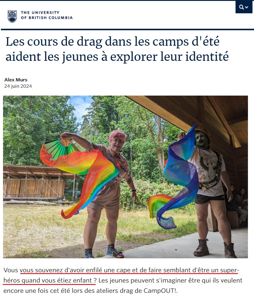 benoitm_mtl's tweet image. 🇨🇦 Le camp d'été pour les jeunes queer, trans, en questionnement (2S/LGBTQ+) de partout en Colombie-Britannique et au Yukon offre des ateliers de drag pour aider les jeunes âgées de 1⃣4⃣ ‼️ à 21 ans à explorer leur identité. tinyurl.com/38e7a6dx

#superhéros 🤦‍♂️ ▶️ #pasrapport