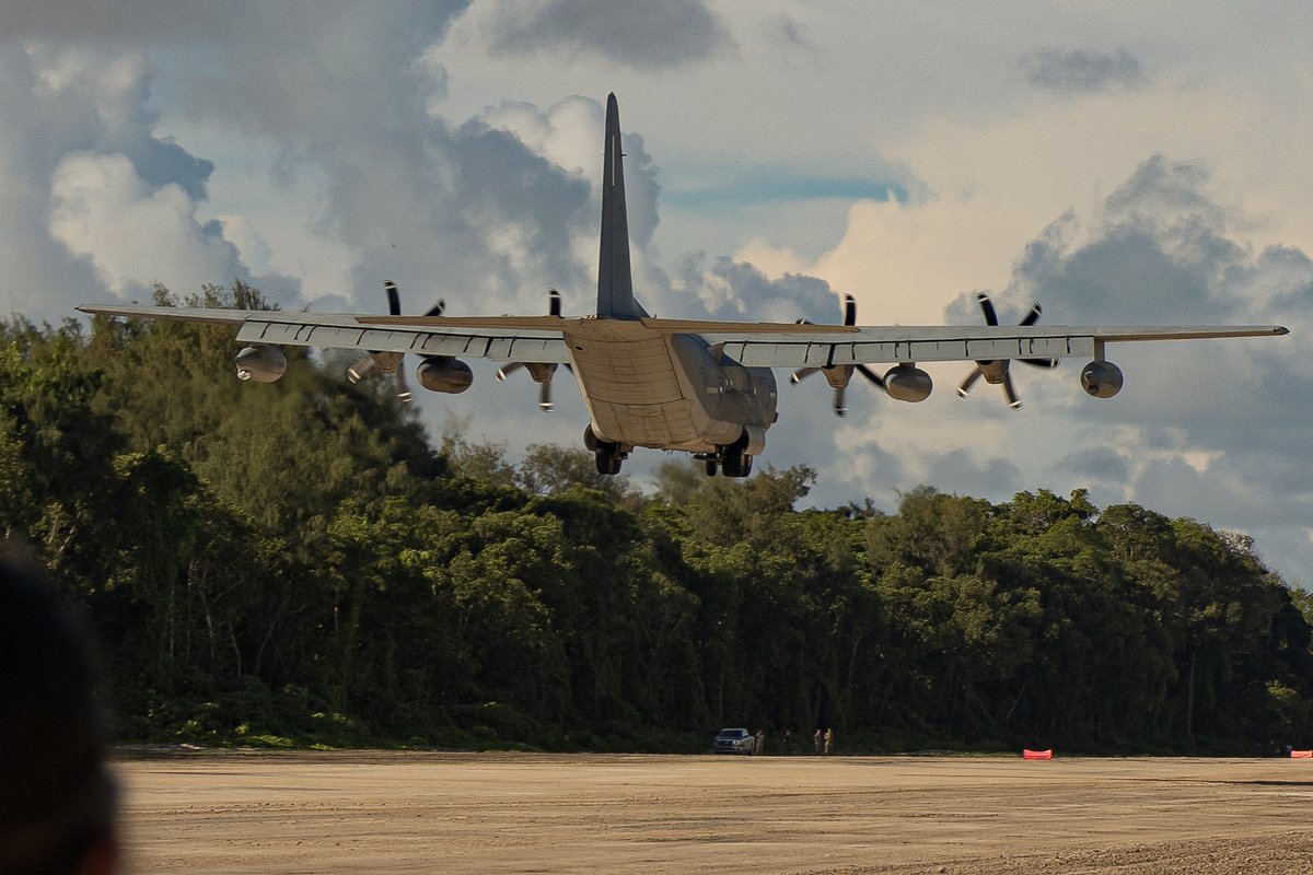 PacificMarines's tweet photo. C-130 rollin' down the strip...For the first time since its recertification in June, a military fixed-wing aircraft (KC-130J) has touched down on the Peleliu airstrip, marking a significant &amp; triumphant return to this iconic World War II site.​
​
@USMC📸by LCpl. Hannah Hollerud https://t.co/dAOZDIrdoW
