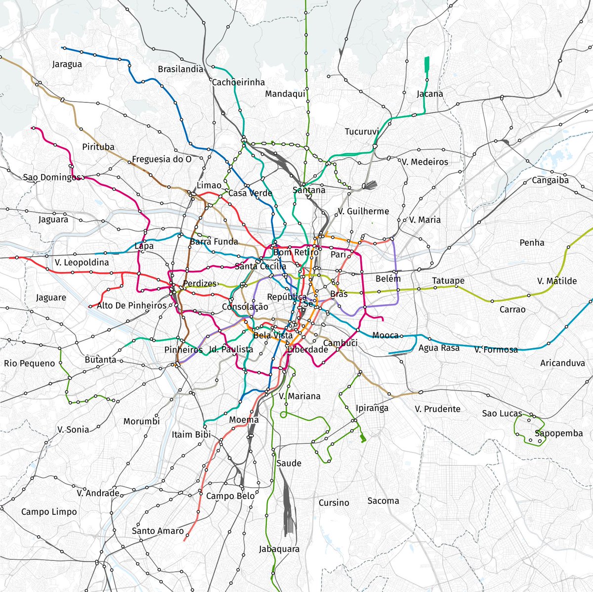 peredrozende's tweet photo. São Paulo, mas com a rede de metrô, monotrilhos, trams e trens de Tóquio. https://t.co/fnNjikgC6J