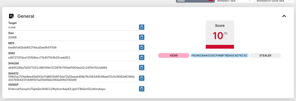 RacWatchin8872's tweet photo. #VidarStealer #Malware
💣185.172.128.154💣
File - C2 - Hash:
- vi.exe - 159.69.26.61 -  https://t.co/LB6dVyHSU0
https://t.co/AsGvMBT8tc

CC:@banthisguy9349 @ShanHolo https://t.co/FLrrImCXeR