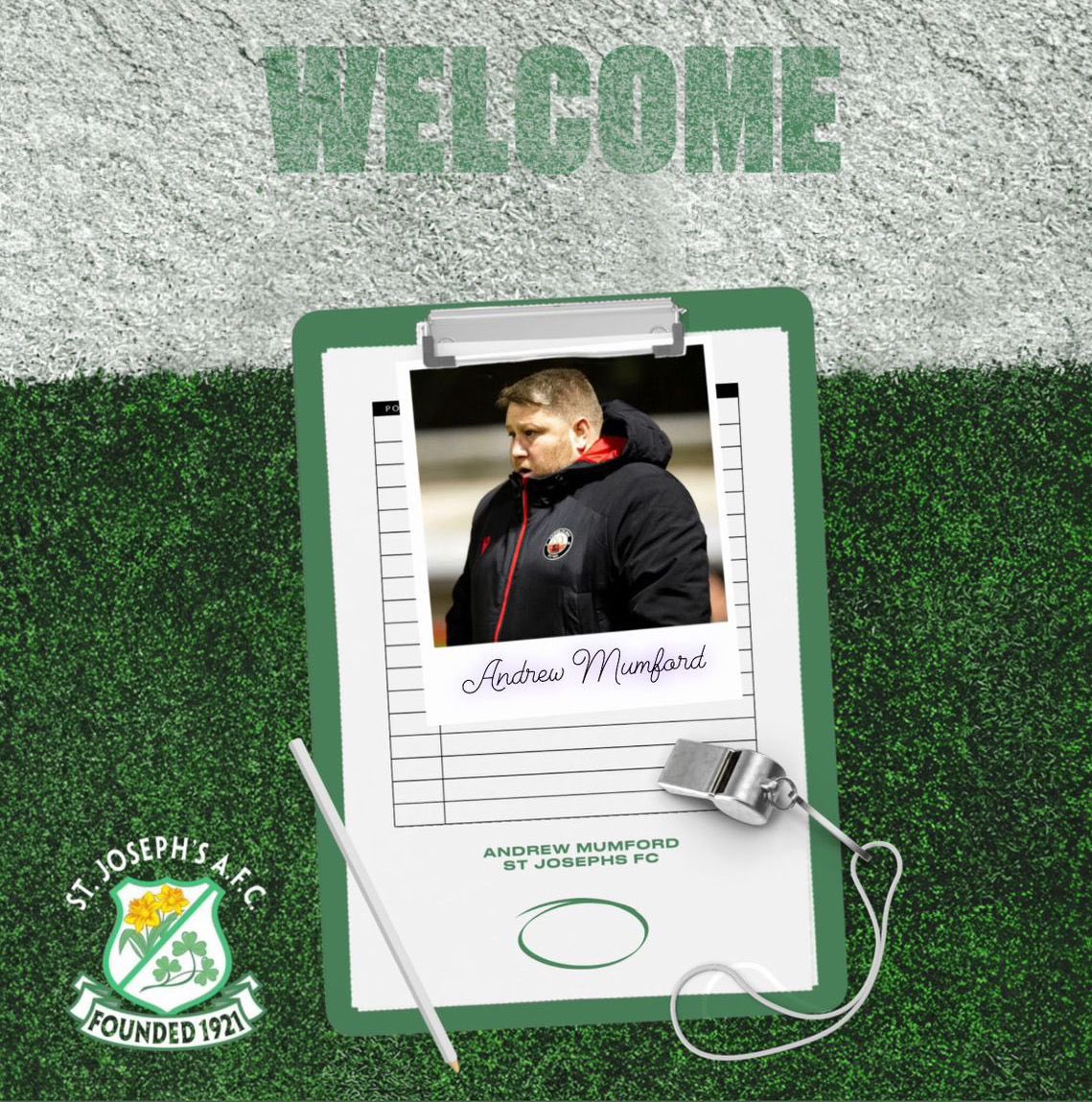 StJosephs6's tweet photo. Big One 👀

The club are delighted to announce that Andrew Mumford will be working closely this season with our 1st team manager Alex Davies. We are very excited and proud that he is a part of our club. 

Here’s a few words from the gaffa himself..

Welcome to Saints Mumfs 💚 https://t.co/t91XpzlNxL