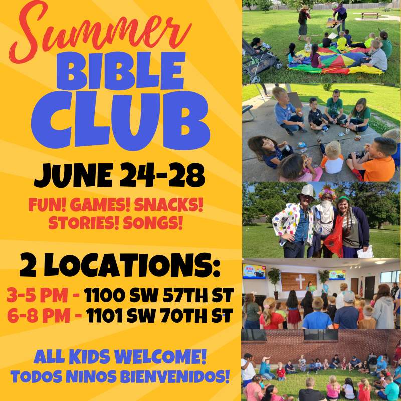 darrellstetler2's tweet photo. Are your kids bored yet? :) Try this:  
Summer Bible Club (Ages 5+)

2 locations:  3-5 PM: The Bible Methodist Church 
1100 SW 57th St.   
6-8 PM: Taylor Park 
1101 SW 70th St.  

Fun Games, Songs, Stories, Bible Verses, snacks &amp; drinks. Drop off your kids, or come sit and watch. https://t.co/p9oYBcSHjA