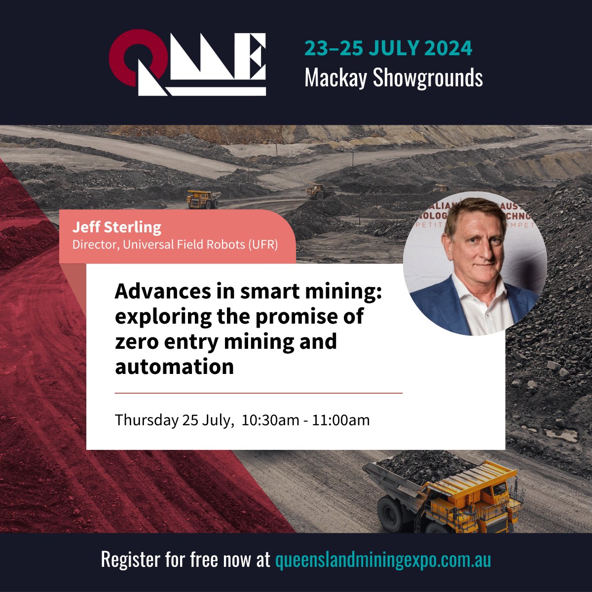 UFRobots's tweet image. 📣💡🦾 @UFRobots MD Jeff Sterling is speaking at #QME2024 about advances in #smartmining: exploring the promise of #zeroentry #mining &amp;amp; #automation. Are you heading to QME? Let us know! Learn more &amp;amp; register &amp;gt; queenslandminingexpo.com.au/etn-speaker/je…