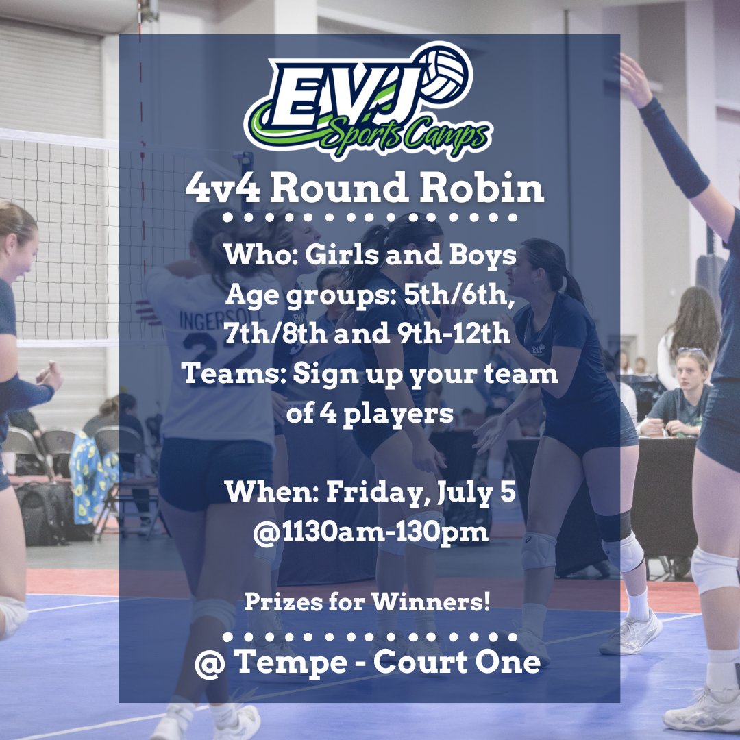 Grab your team of 4 and come compete at our 4v4 Round Robin on Friday, July 5! Visit our website for more info and to register today! 😍

#4v4roundrobin #volleyball #4v4volleyball