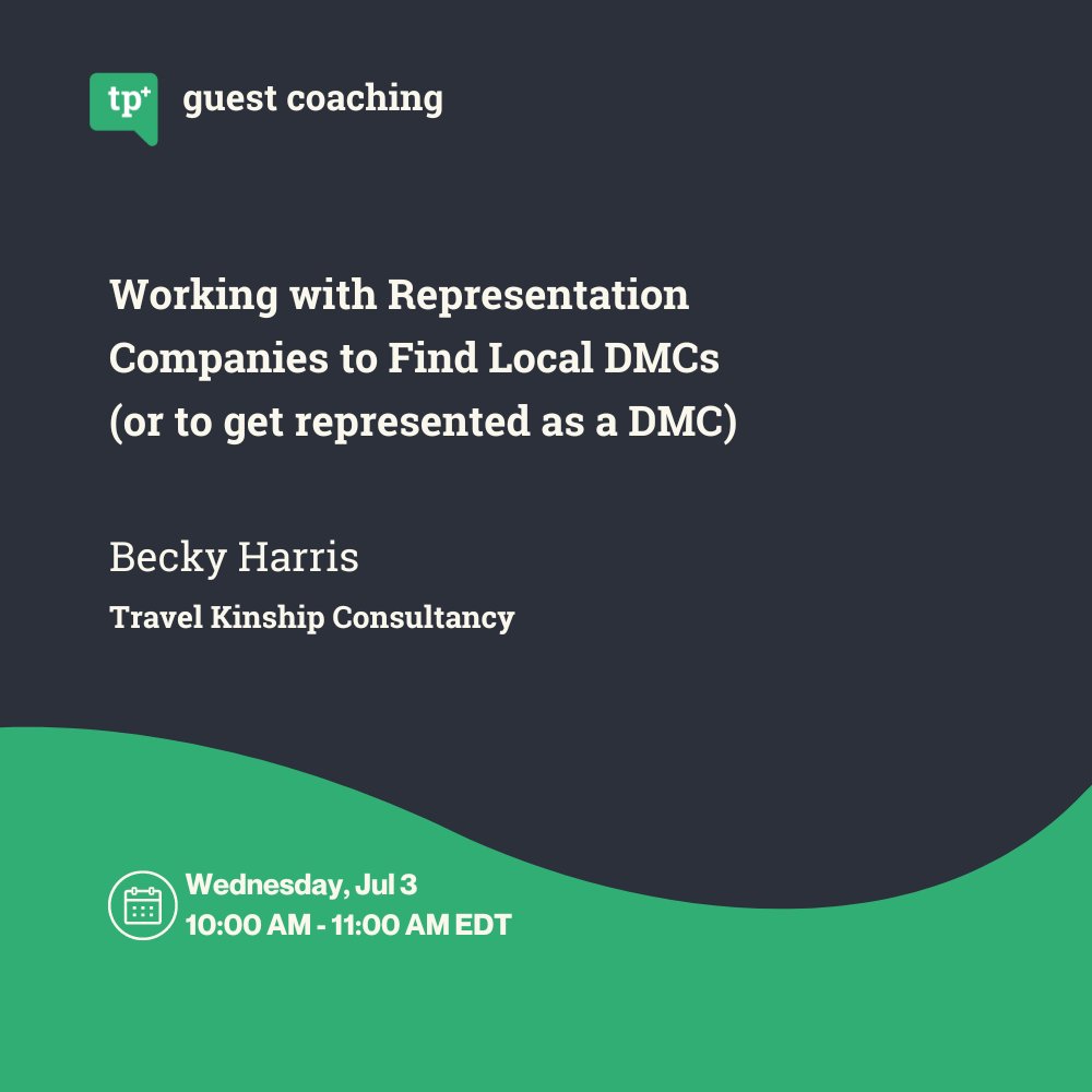 Upcoming Guest Coaching

Working with Representation Companies to Find Local DMCs (or to get represented as a DMC) (with Becky Harris)

📅 Wednesday, Jul 3, 2024

#touroperator #toursandactivities #tourismindustry #tourismevents