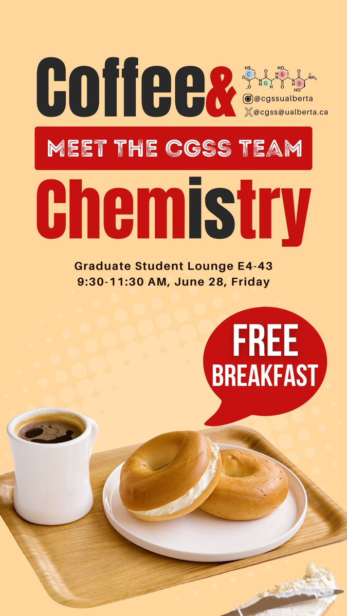 #uofa #chemistry Hey Guys 👋
This Friday, the CGSS team will held  a pleasant morning event: "Coffee &amp; Chemistry: Meet the CGSS Team" from 9:30-11:30 AM on Friday, June 28th at Graduate Student Lounge E4-43.

Let's join us to have an exciting Friday!!!