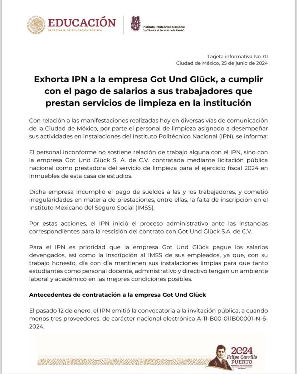 IPN_MX's tweet photo. #IPNInforma | Exhorta IPN a la empresa Got Und Glück, a cumplir con el pago de salarios a sus trabajadores que prestan servicios de limpieza en la institución. https://t.co/qtdAO0VmXc