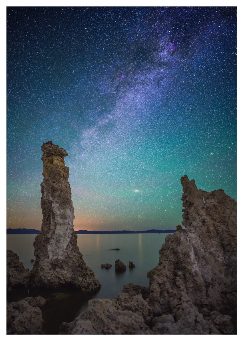 Advil's tweet photo. i've posted this before but it's one of my all time favs. the airglow near mono lake gave such an eerie green glow to the horizon. you can even see the andromeda galaxy there near the center of the frame. that's an entire galaxy!!! https://t.co/MNyiHSO7SB