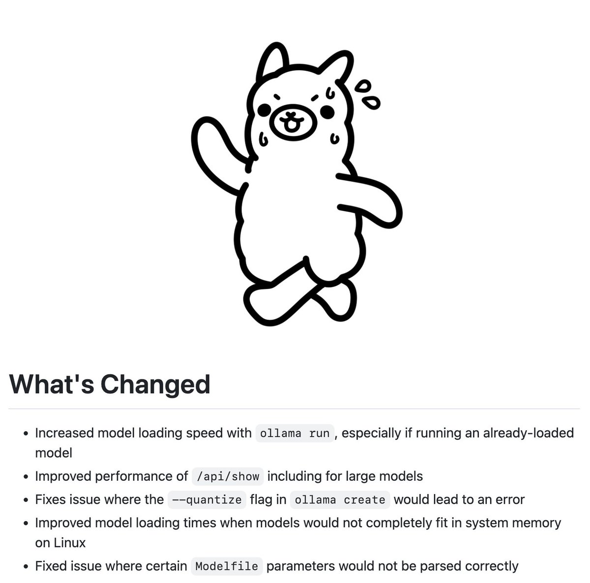 ollama's tweet photo. Ollama v0.1.46 is here! Faster model loading ❤️

https://t.co/zxeUZPyNHs