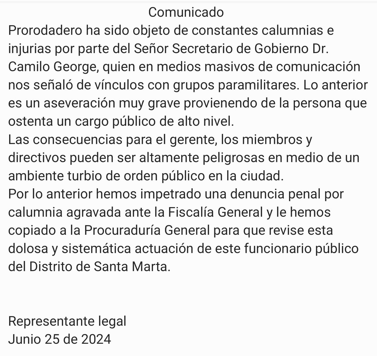 ProRodadero's tweet image. Denuncia penal
@BLUCaribe @ELTIEMPO @RevistaSemana @WRadioColombia @rctv