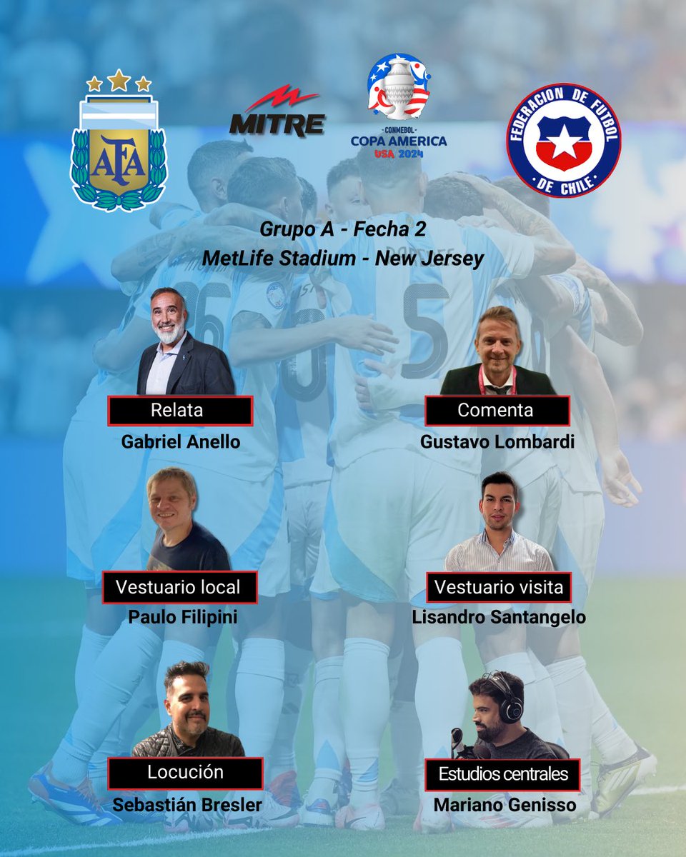 La Selección va por la clasificación en la Copa América

🏆🇦🇷🇨🇱 Argentina - Chile lo vivís x <a href="/radiomitre/">Radio Mitre</a>, desde las 21.00:
▶️ radiomitre.com.ar
▶️ youtube.com/@radiomitre 
📻 AM 790.

Junto a <a href="/anellogaby/">Gabriel Anello</a>, <a href="/lombardigus/">Gustavo Lombardi</a>, <a href="/PauloFilippini/">Paulo Filippini</a>, <a href="/MarianoGenisso/">Mariano Genisso</a> y <a href="/locutoro/">Locutoro</a>.