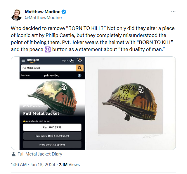 Matthew Modine, who starred in Full Metal Jacket, comments on Amazon Prime's alteration of the movie's iconic artwork.
