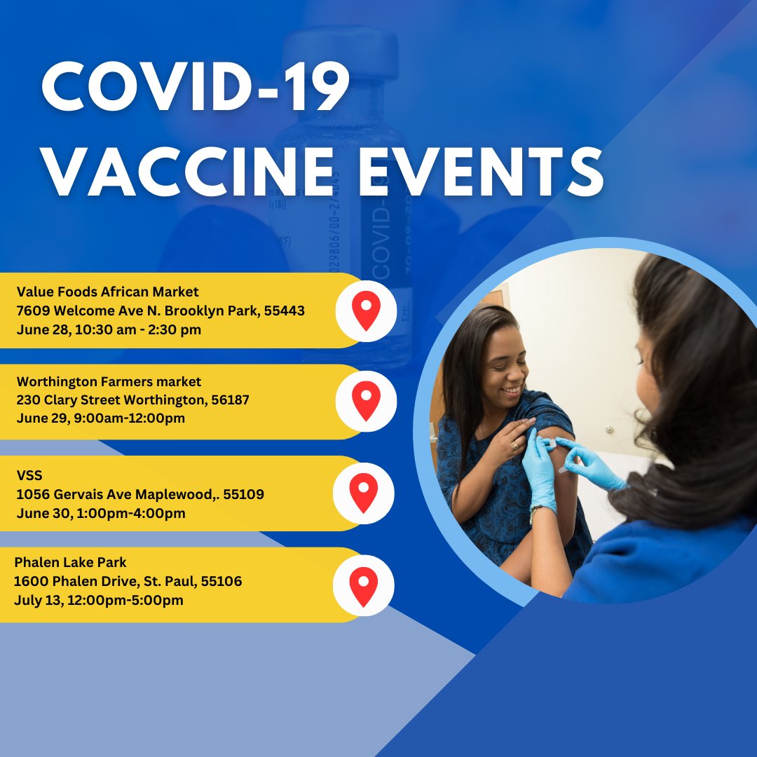 These are a few COVID vaccine events going on in Minnesota. To view more COVID vaccination and testing events, go to: rb.gy/33jopu
#AMPERS #vaxmn #communityresource #communityresources #twincitiesmn #healthresources