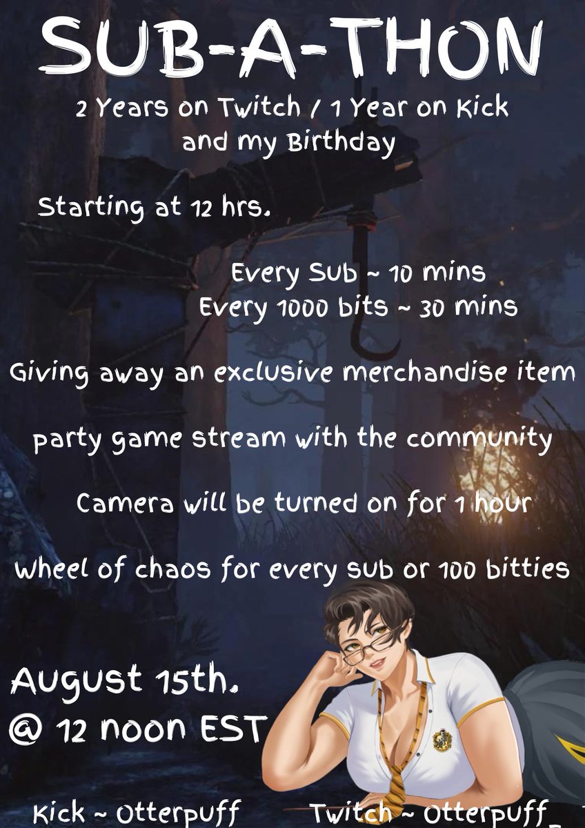 MudderOtterPuff's tweet photo. Its the most wonderful time of the year ... MY BIRTHDAY. Come on by and hang out for a long a** stream! I am beyond excited to see you all there! #kick #twitchstreaming #subathon #deadbydaylight https://t.co/XBBGc0NpyU