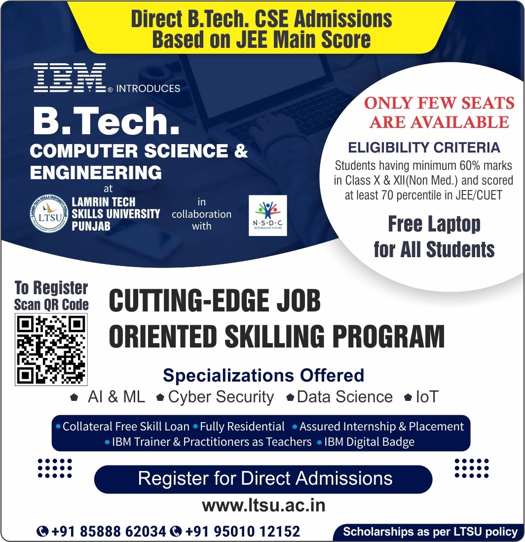 USET144533's tweet image. 🎓 Join LTSU, Ropar, Punjab for B.Tech in CSE (AI&amp;amp;ML, Data Science, Cyber Security, IoT) based on JEE/CUET scores. Unique 4-year program includes project-based study, live projects, and industry deployment with 5-15 lac CTC placements. #BTechAdmissions