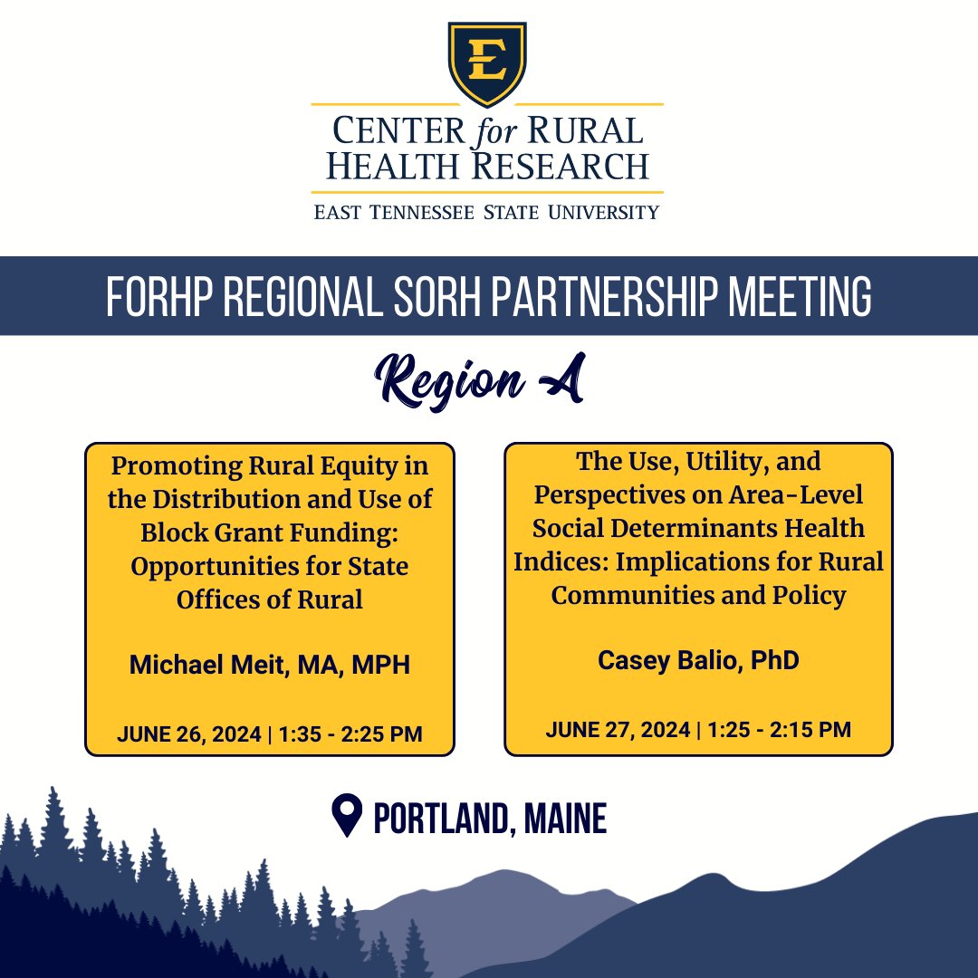 etsucrhr's tweet photo. ETSUCRHR faculty members, Michael Meit and Casey Balio, will be presenting at the FORHP Region A SORH Partnership Meeting in Portland, ME on Wednesday and Thursday. #RuralHealth #FORHP #SORH https://t.co/TmpHBZyEX2