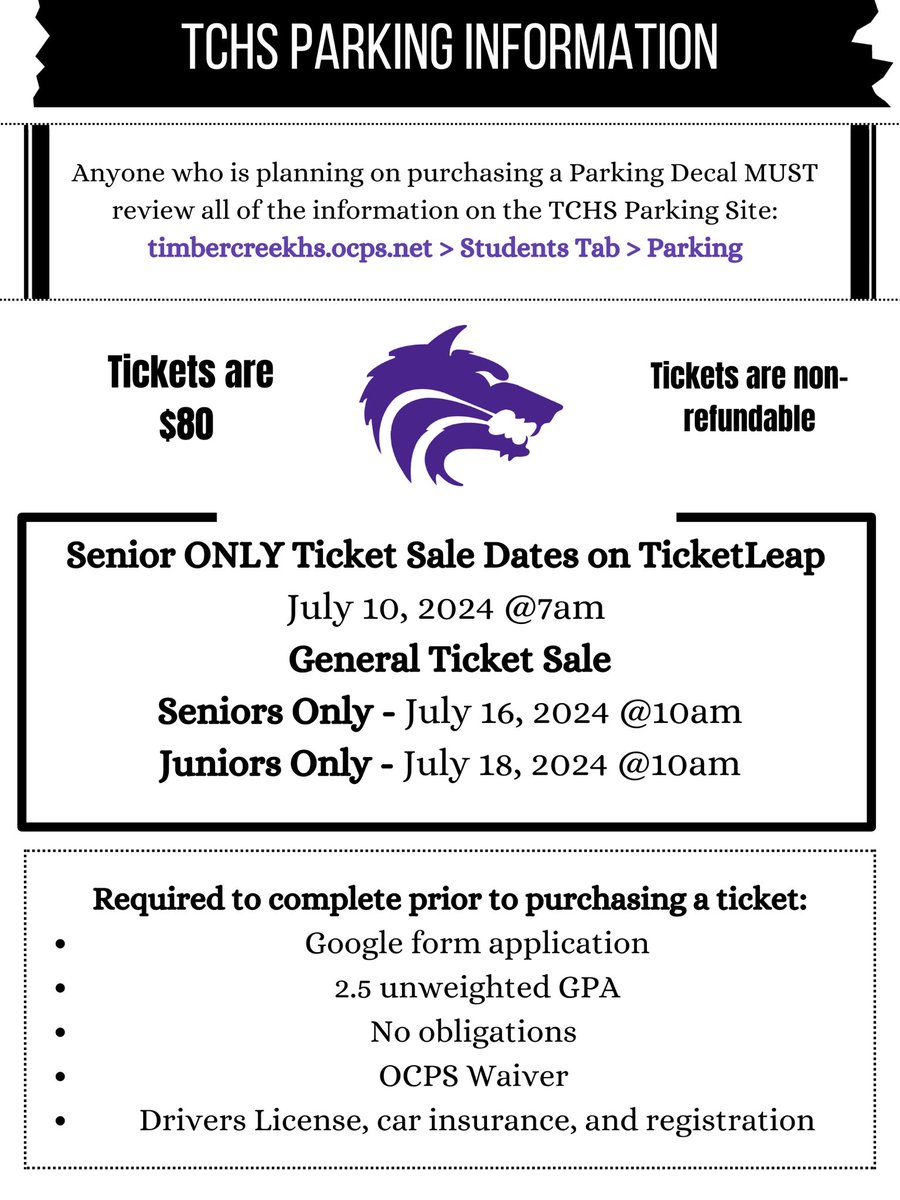TCHS Parking Information for the 2024-25 School Year