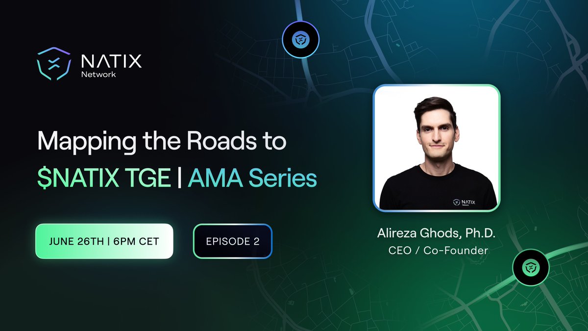 #NATIXIANs and #DePin fans 🌟

We remind you that tomorrow our CEO
<a href="/AlirezaGhods2/">Alireza Ghods</a> will host Episode 2 of our AMA Series:
"Mapping the roads to $NATIX TGE"📍🚘

⏳ 6PM CET | June 26th 2024 ⏳

See you there👇
x.com/i/spaces/1ynJO…