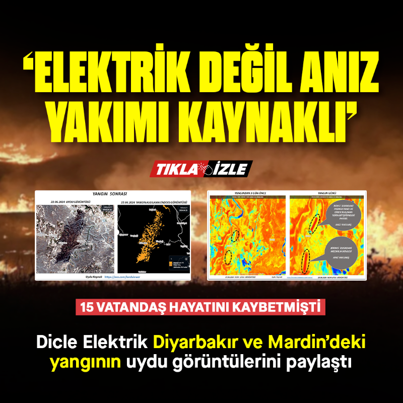 yenisafak's tweet photo. Dicle Elektrik, Diyarbakır ve Mardin'deki 15 kişinin hayatını kaybettiği yangının uydu görüntülerini paylaştı: ''Elektrik değil anız yakımı kaynaklı.''