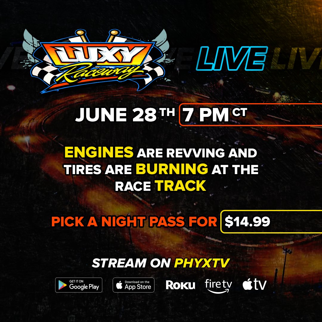 Luxy Raceway this June 28th at 7PM CT. 🔥 Tune in to the live stream on Phyx.tv and grab a night pass for just $14.99 to experience all the high-octane action. 💨 #LuxyRaceway #Racing #LiveStream #PHYXTV #cars #carracing