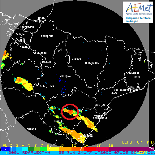 AEMET_Aragon's tweet photo. La ⛈️ del N del #Maestrazgo de #Teruel ha alcanzado ecotops de 14 km y DVIL 2.5 g/m3 con posibilidad de #granizo. Radar 2D y 3D, Ecotop y rayos en 2 h de 17 a 19 25/06/24 @eltiempo_atv @AragonMeteo https://t.co/ZZ93WtrOp0